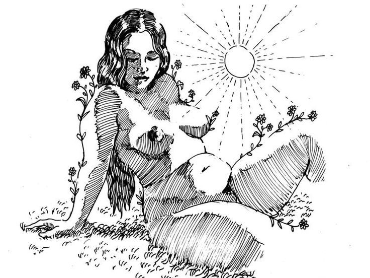 the image is a black and white line drawing of a nude pregnant woman lying in a field of flowers. the sun is shining above her. the style of the drawing is detailed and intricate, using hatching and crosshatching to create shading and texture. the woman's expression is serene and peaceful. the overall feeling of the image is one of connection to nature, fertility, and motherhood.