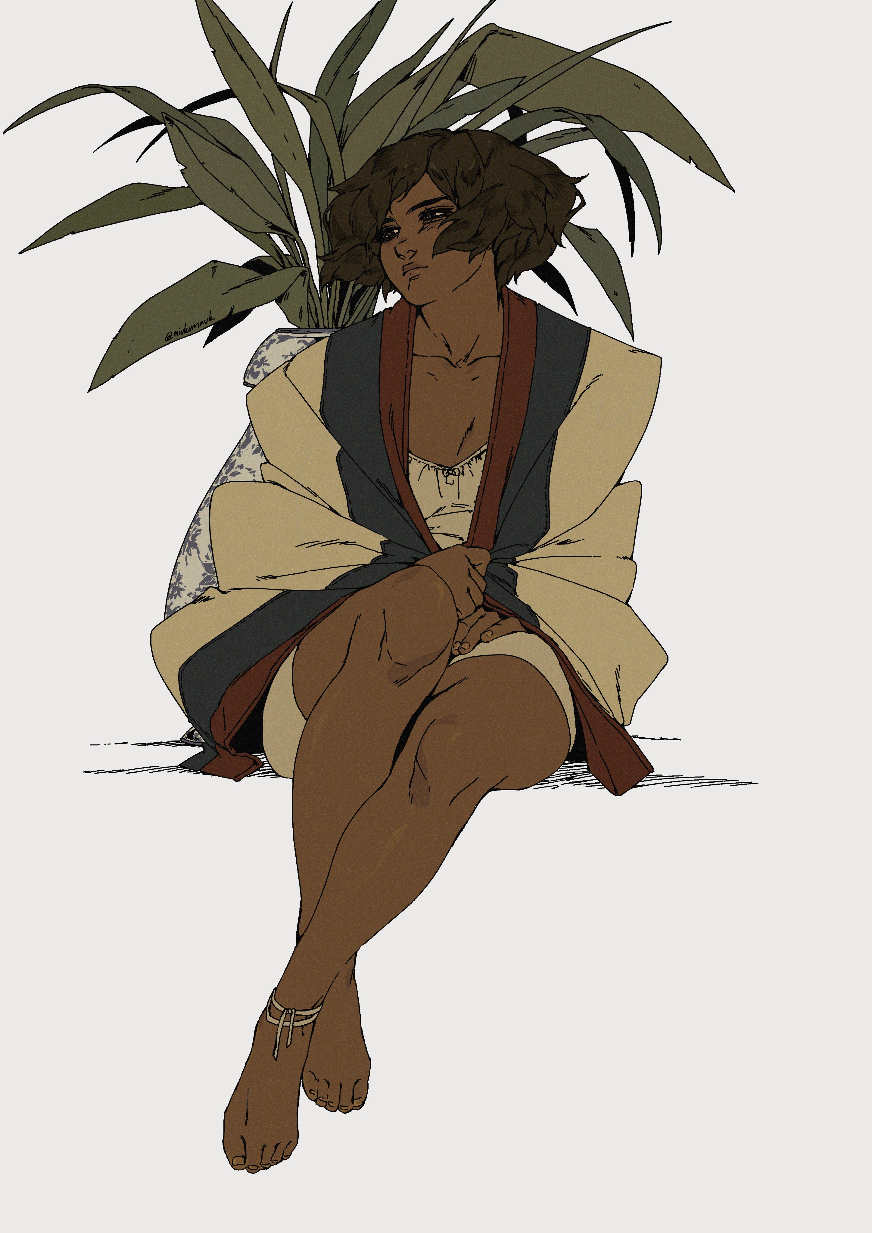 an illustration of a woman sitting with her legs crossed and barefoot, wearing a robe. she is sitting beneath a leafy green plant, and is looking away with a thoughtful expression.