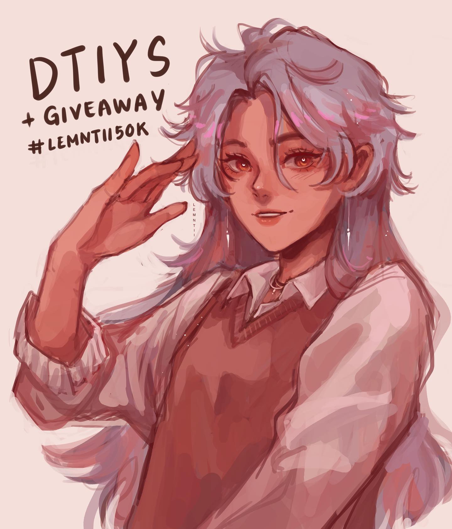 the image is a digital illustration of a stylized anime/mangastyle girl with long, silverypurple hair. she's depicted from the chest up, wearing a lightcolored collared shirt under a reddishbrown sweater vest. her expression is soft and pleasant, and she has a subtle blush on her cheeks. the art style is soft and pastel, with a slightly blurry, painterly effect.  text overlayed on the image announces a "dtiys (draw this in your style) + giveaway" with the hashtag #lemnti150k, indicating an art challenge and contest.  the overall aesthetic is cute and approachable.