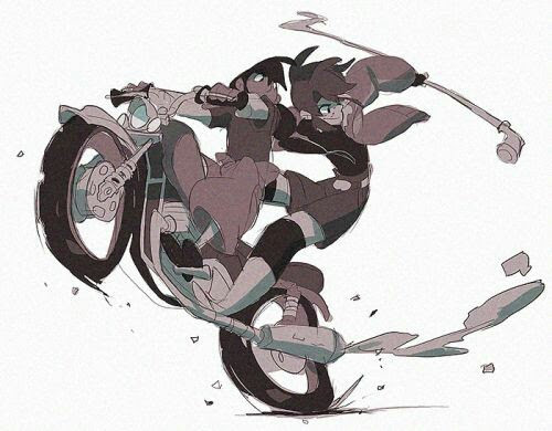 the image depicts two anime characters riding a motorcycle. the one in the back is wielding a sticklike weapon while the other is driving. both of them are driving at a high speed. the image is drawn with a sketchy style, adding to the feeling of action and speed. the colors are muted, creating a sense of realism and grit. the background is mostly white, allowing the focus to be on the characters. the image depicts a dynamic scene, full of energy and movement.