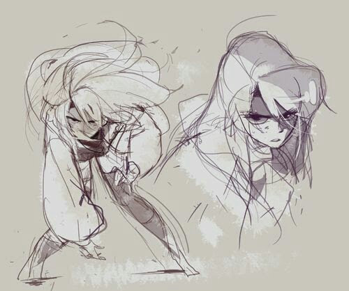 a rough sketch of two anime girls, one with short hair looking to the right, the other with long hair looking to the left. the sketch is done in a messy, sketchy style with a lot of lines and shading. the girls are drawn in a dynamic pose, with one reaching out with her hand and the other holding her hand up to her face. the sketch has a grunge aesthetic with a textured background.