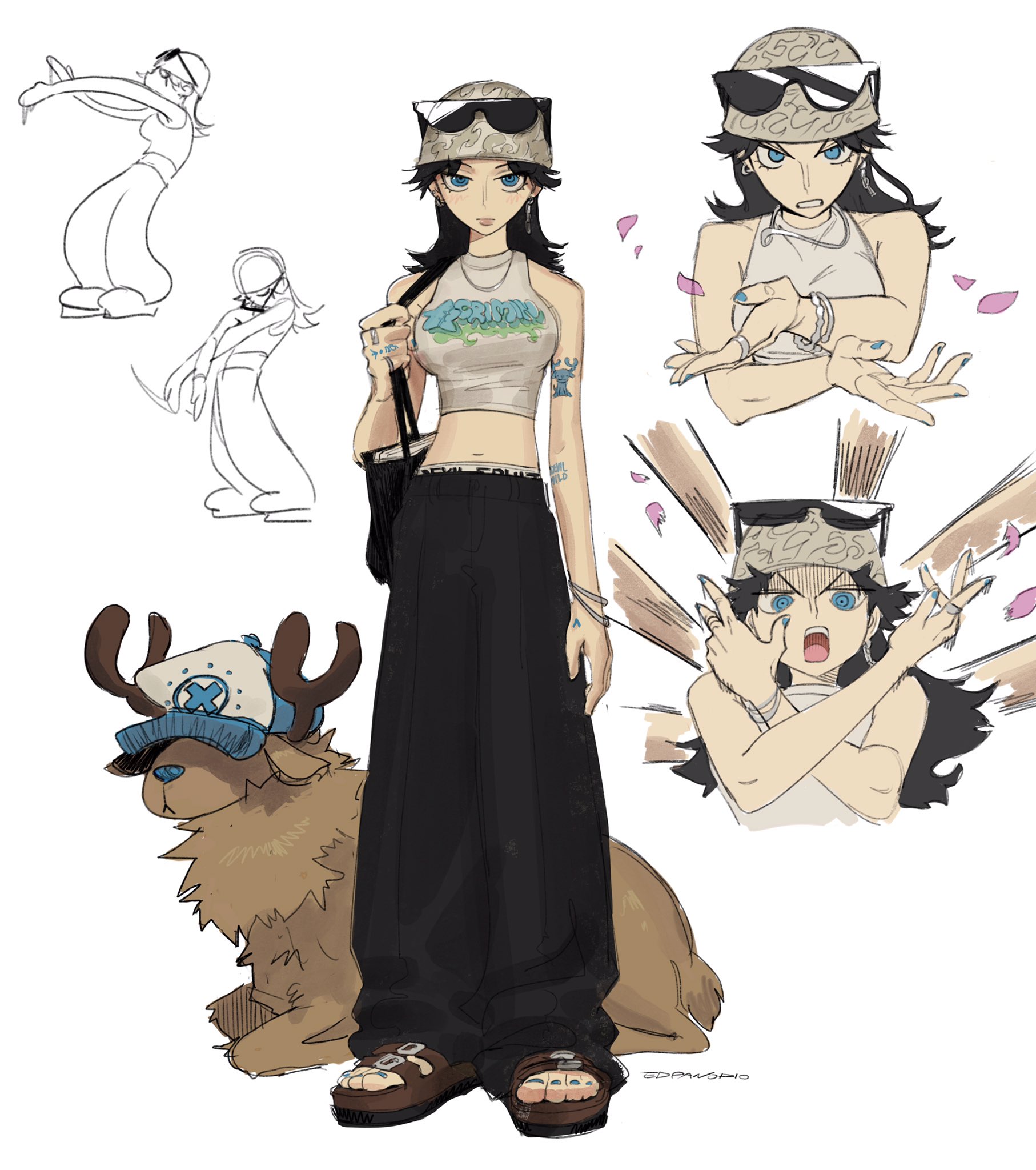 the image is a collection of character design sketches and concept art for an animestyle female character.  the main focus is a girl wearing streetwear—a bucket hat, sunglasses, a cropped top with graffitistyle print, loose black pants, and sandals.  she has visible tattoos and is accompanied by a dog that resembles chopper from the anime one piece, wearing chopper's signature hat.  there are multiple sketches showing variations in poses and expressions, including some more dynamic and expressive actions.  the style is a blend of fashion illustration and anime character design.  the overall tone is casual and trendy.