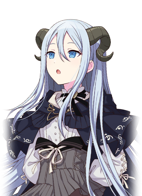 a fullbody anime girl with light blue eyes, white hair and black horns looks surprised. she wears a white blouse, a gray dress, and a black cape with white floral patterns. the background is black. she appears to be mochizuki honami from project sekai.