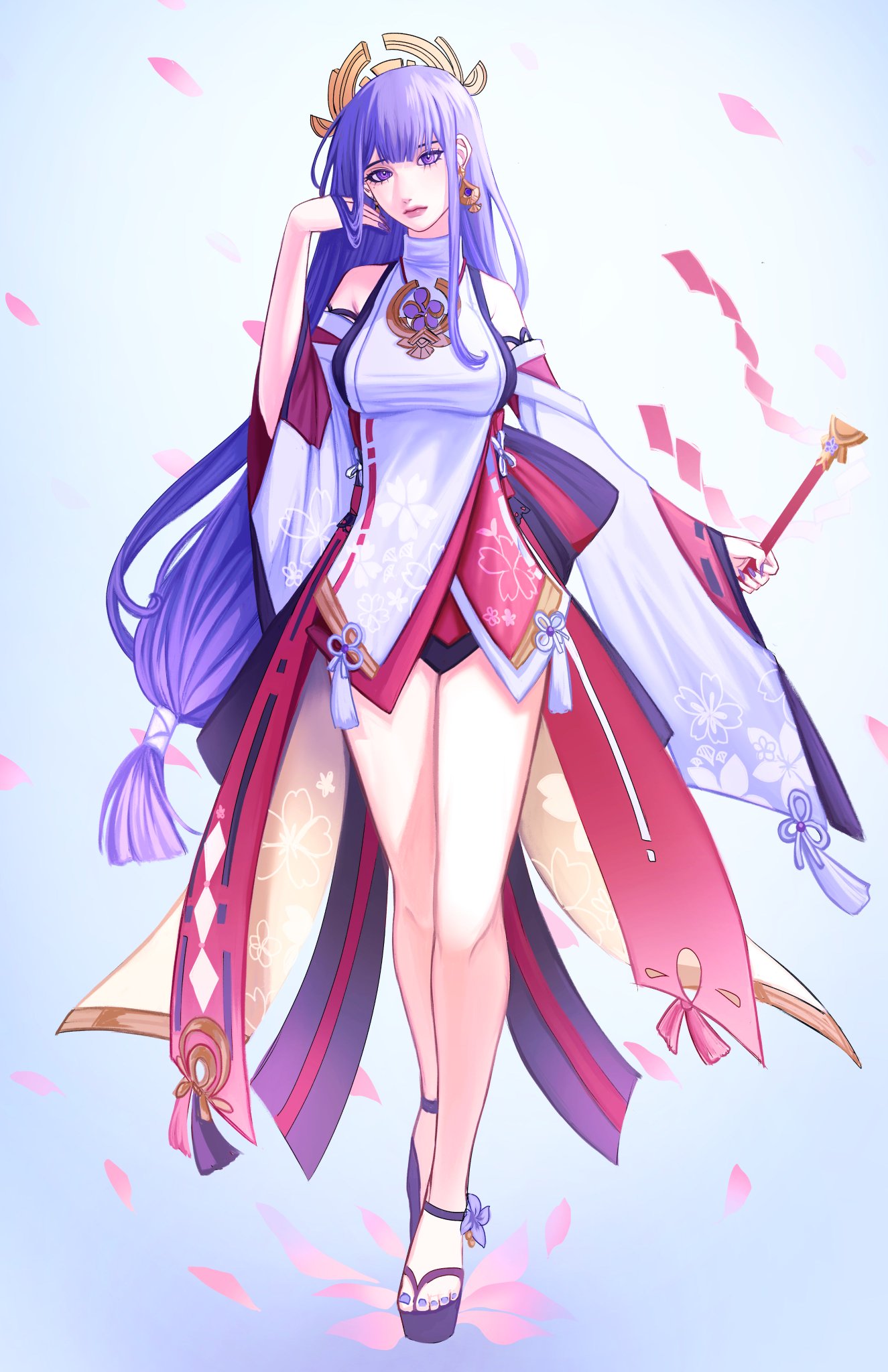 this is a digital art piece that depicts an anime girl dressed in a traditional japanese kimono. the girl is in a  pose that highlights her beauty. her kimono is decorated with beautiful flowers and there are pink petals floating around her. the art style is whimsical and elegant.