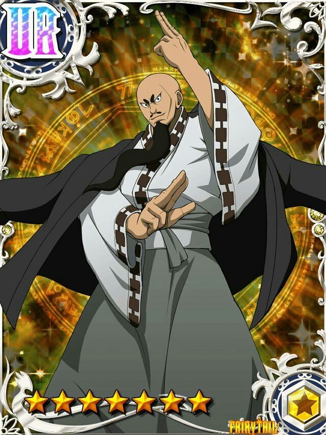 this image depicts a cartoon character from the anime series "fairy tail." the character is a man with a bald head and a long, black beard. he is wearing a white robe with black accents. he has a stern expression on his face. he appears to be midaction, with his right hand in the air and his left hand making a fist. he is standing in front of a background that appears to be a golden circle with a magic symbol. the background is also decorated with stars, and a golden frame with the words "fairy tail." the character is clearly a powerful mage in the anime series.