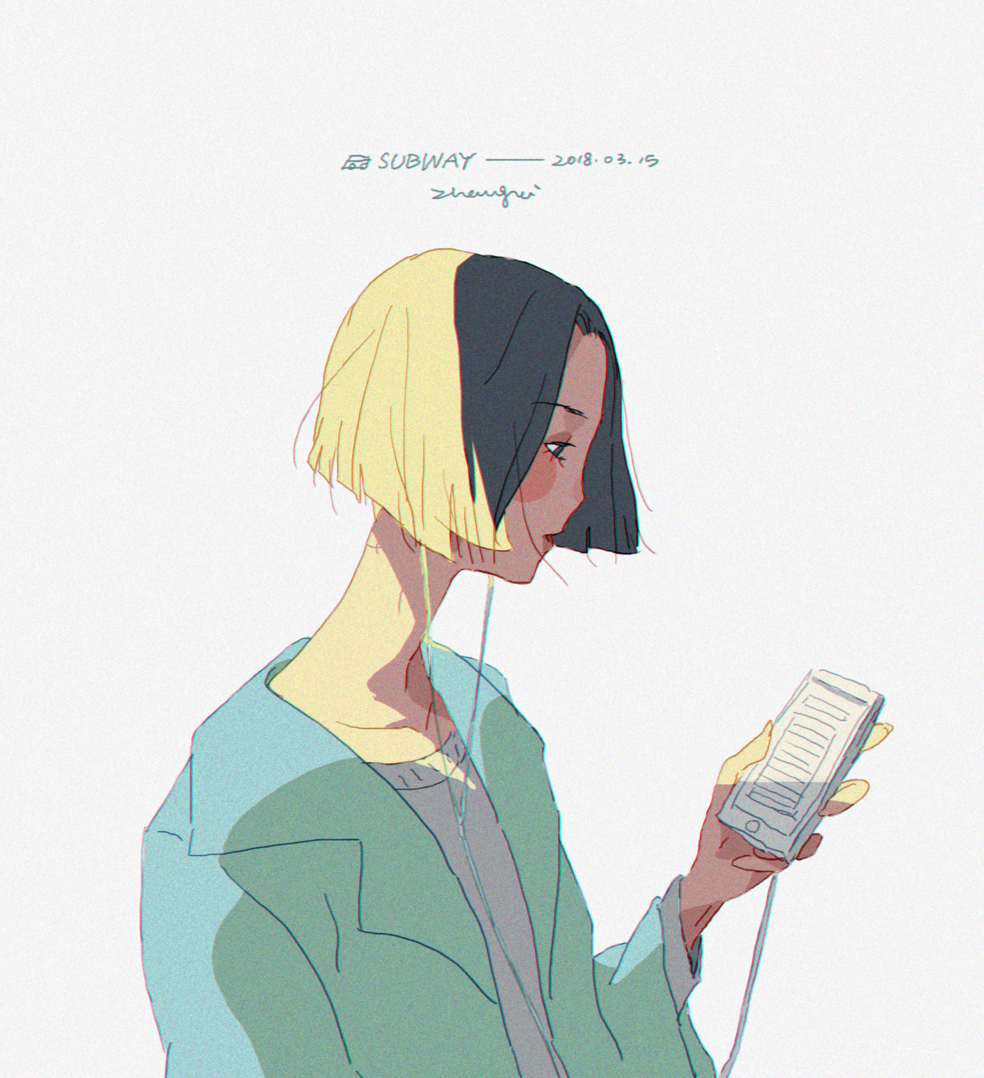 a digital drawing of an anime girl with blonde and black hair. she is wearing a blue jacket and listening to her phone with headphones on. the background is white.