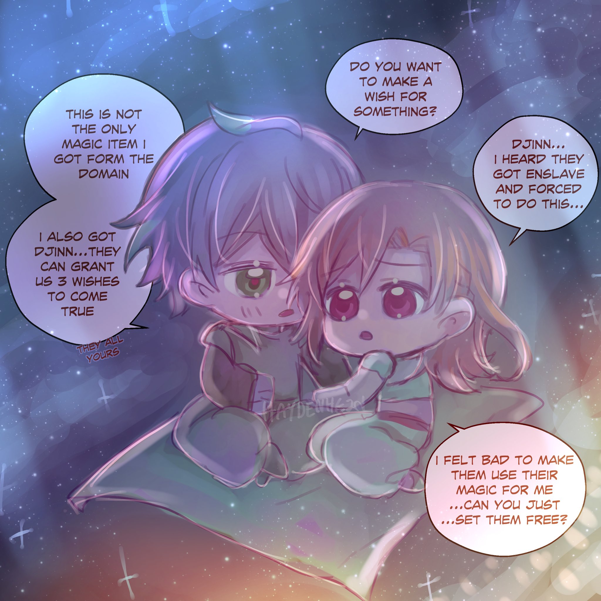 this image is a colorful and whimsical cartoon illustration of two anime characters, a male and a female, flying on a magic carpet against a starry night sky. the characters are chibistyle, meaning they have large heads and small bodies, adding to the cute and adorable nature of the illustration. the male character has blue hair and is wearing a purple and blue outfit, while the female character has pink hair and is wearing a blue and white outfit. they both have large, expressive eyes, and their facial expressions convey a sense of wonder, excitement, and perhaps a touch of sadness. the image depicts a scene of fantasy, with the magic carpet suggesting the use of magic and the starry night sky creating a dreamlike atmosphere. the characters' dialogue reveals their involvement in a situation where they have enslaved a djinn and are now feeling remorseful about their actions. this adds a layer of complexity to the illustration, hinting at themes of compassion, empathy, and the importance of freedom. the overall aesthetic of the image is vibrant and enchanting, appealing to audiences who enjoy fantasy and cute characters.