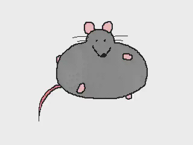 a cute, fat cartoon mouse with pink ears, a gray body, and a pink tail is smiling happily. it is drawn in a pixelated, digital art style.  the mouse has a simple, minimal design and a whimsical, playful expression. it is a colorful and quirky illustration.
