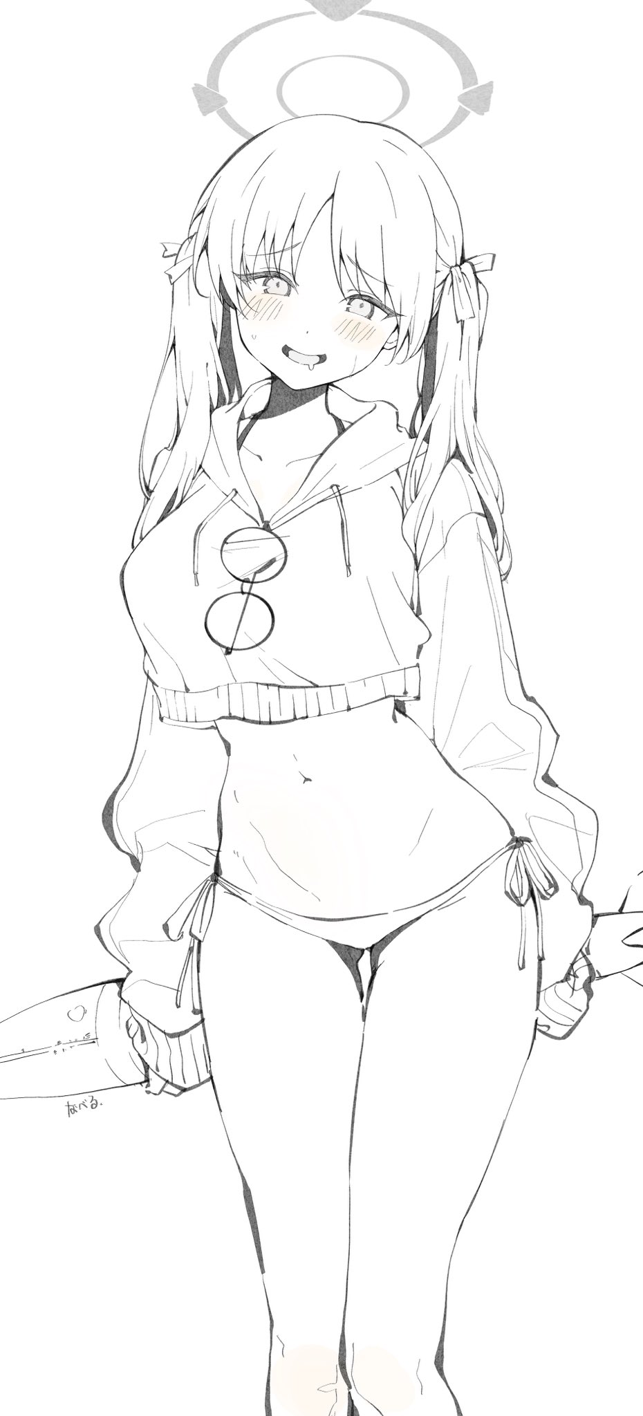 the image is a black and white line drawing of a young animestyle girl. she has long twintails and is wearing a cropped hoodie and a swimsuit bottom.  she appears happy and slightly blushing.  she's depicted from the knees up, and has a pair of glasses hanging from her hoodie. the style is reminiscent of manga or anime illustration, with delicate lines and expressive features.  there's a faint circular symbol above her head.