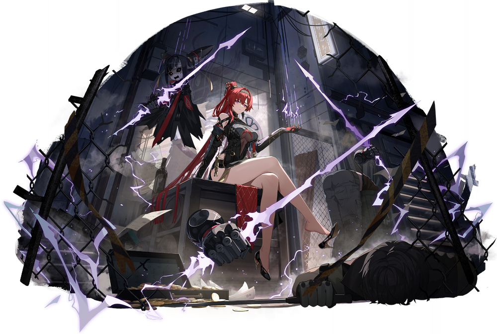 the illustration depicts a fierce battle scene set in a ruined urban environment at night. a woman with vibrant red hair, clad in a revealing black outfit, commands bolts of purple lightning. a menacing, shadowy figure with glowing purple eyes lurks behind her, suggesting an alliance or perhaps a summoned entity. the dramatic lighting accentuates the action and highlights the characters against the dark background. the low angle perspective adds to the sense of power and dynamism.