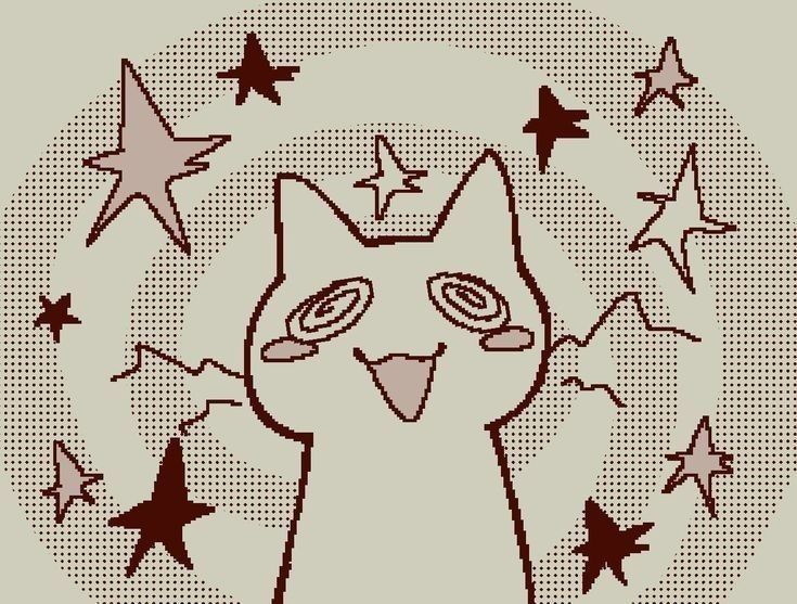 a cute cartoon cat is smiling and surrounded by stars. the background is a halftone pattern. the cat is drawn in a whimsical style, with big eyes and a wide smile. the stars are scattered around the cat in a random pattern, creating a magical and whimsical atmosphere. the cat's expression is one of pure joy, and the overall feeling of the image is lighthearted and fun.