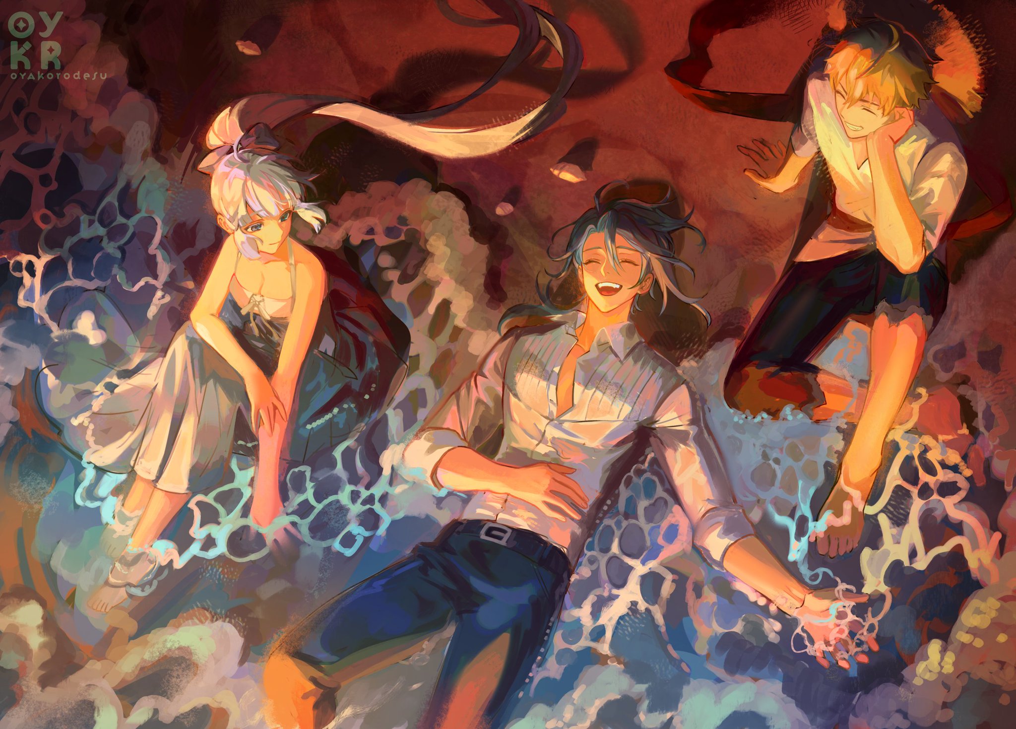 the image is a digital art piece of three anime characters relaxing on a beach. there is one girl with long white hair wearing a white dress sitting on the sand. there are two boys. one is sitting on the sand behind the girl, he has blond hair and is wearing a white shirt and black shorts. the other boy has blue hair and is lying down with his head on the sand. he is wearing a white button up shirt and blue pants. the sand is red and the water is blue and has white foam. they are all smiling and having fun. the image is bright and colorful and depicts a peaceful and relaxing scene.