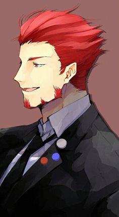 a closeup portrait of an anime man with vibrant red hair and a confident smirk. he is wearing a black suit with a white shirt and a tie, suggesting a professional or business setting. the lighting is soft, casting a gentle glow on his face and highlighting his sharp features. the overall mood is one of confidence and charisma.