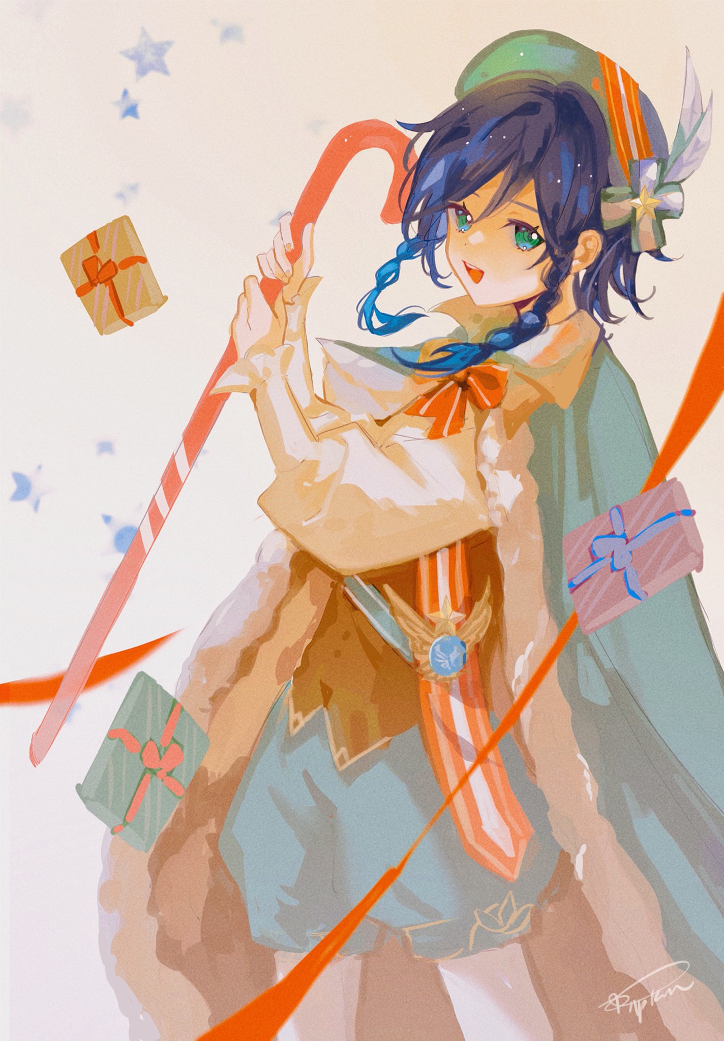 an anime girl with blue hair and a red and white striped candy cane, smiling and holding presents while wearing a festive hat and winter attire. there are presents, red ribbons, and white snowflakes in the background, creating a festive holiday scene.