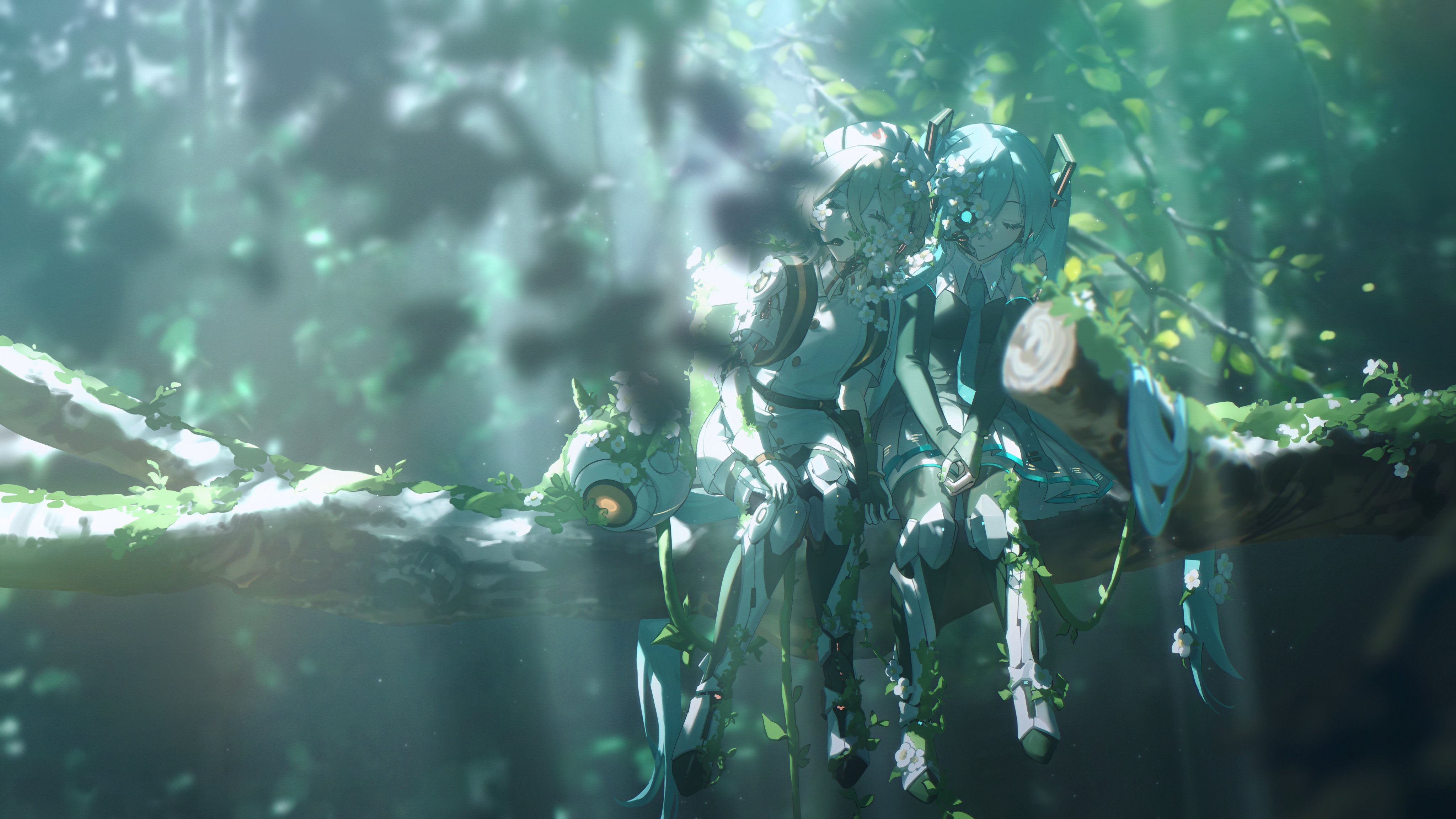 the image is an art style illustration featuring two animestyle girls with robotic and futuristic elements. they are sitting on a tree branch amidst a lush, overgrown forest. the girls are designed with white and green armorlike outfits, incorporating elements of nature such as leaves and flowers growing on them. one girl has glowing eyes and light blue hair, while the other is more concealed by the foliage, with a lighter hair color. the background is a soft, filtered forest scene with dappled light rays shining through the leaves. the overall impression is a fantasy or scifiinspired scene, combining nature and technology.