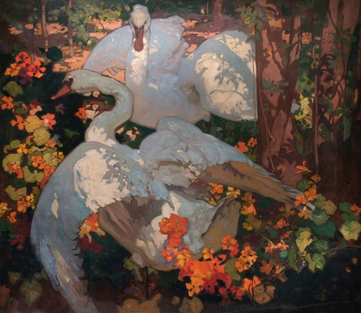 the painting depicts two swans nestled amidst a vibrant profusion of orange flowers, possibly geraniums, in a garden or forest setting. the style suggests impressionism or postimpressionism, with visible brushstrokes contributing to the textured appearance.  the swans are rendered in shades of blue and white, contrasting with the rich orange of the blossoms. the background features dark tones, suggesting trees and shadows, providing a contrast to the brightly colored foreground. the overall composition is expressive, focusing on the interplay of color and form in nature. the artist's technique conveys a sense of movement and softness in both the birds and the blooms.
