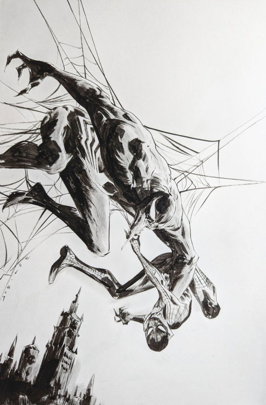 a black and white ink drawing of spiderman and venom fighting in a city skyline. venom is in the foreground, attacking spiderman who is dangling upside down. the web is visible, extending to the skyline behind them. the illustration is dynamic and dramatic, capturing the energy and excitement of the fight.