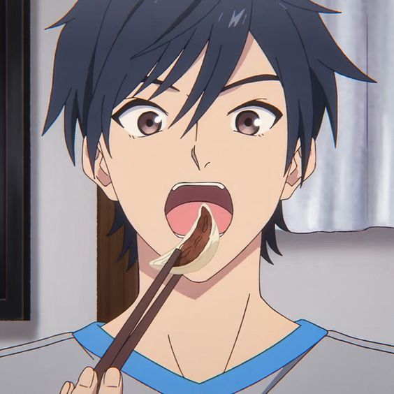 a digital illustration of a young man with short, dark hair styled with a fringe is captured in a closeup portrait, his mouth open midbite as he savors a dumpling held between chopsticks.  he's dressed in a casual, shortsleeved, roundneck tshirt with blue trim, suggesting a relaxed, athome ambiance.  the setting is minimalist, hinting at an indoor space. the color palette is soft and warm, highlighting the subject's youthful features and the inviting nature of the food. the overall impression is one of simple pleasure and contentment.