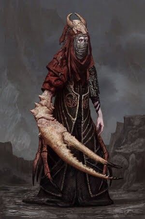the image showcases a humanoid creature with a large crablike claw for a right arm. it wears a dark, ornate robe and a bonelike mask that obscures its face. the creature has horns protruding from its head, adding to its menacing appearance. the setting appears to be a bleak, rocky beach with a stormy sky in the background, further enhancing the dark and ominous atmosphere.