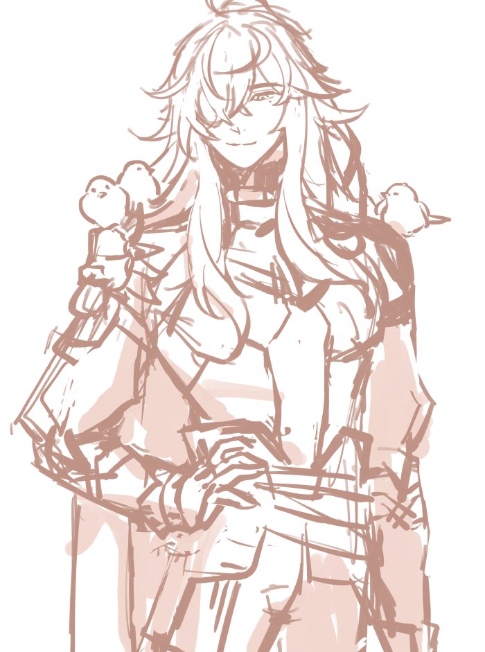 a digital sketch of an animestyle character, a man with long white hair is standing outdoors, smiling and looking to the side. he has two birds sitting on his shoulder, one of which is perched on his hand. the character appears to be in casual attire. the sketch has an overall soft and gentle aesthetic, with the lines being relatively thin.