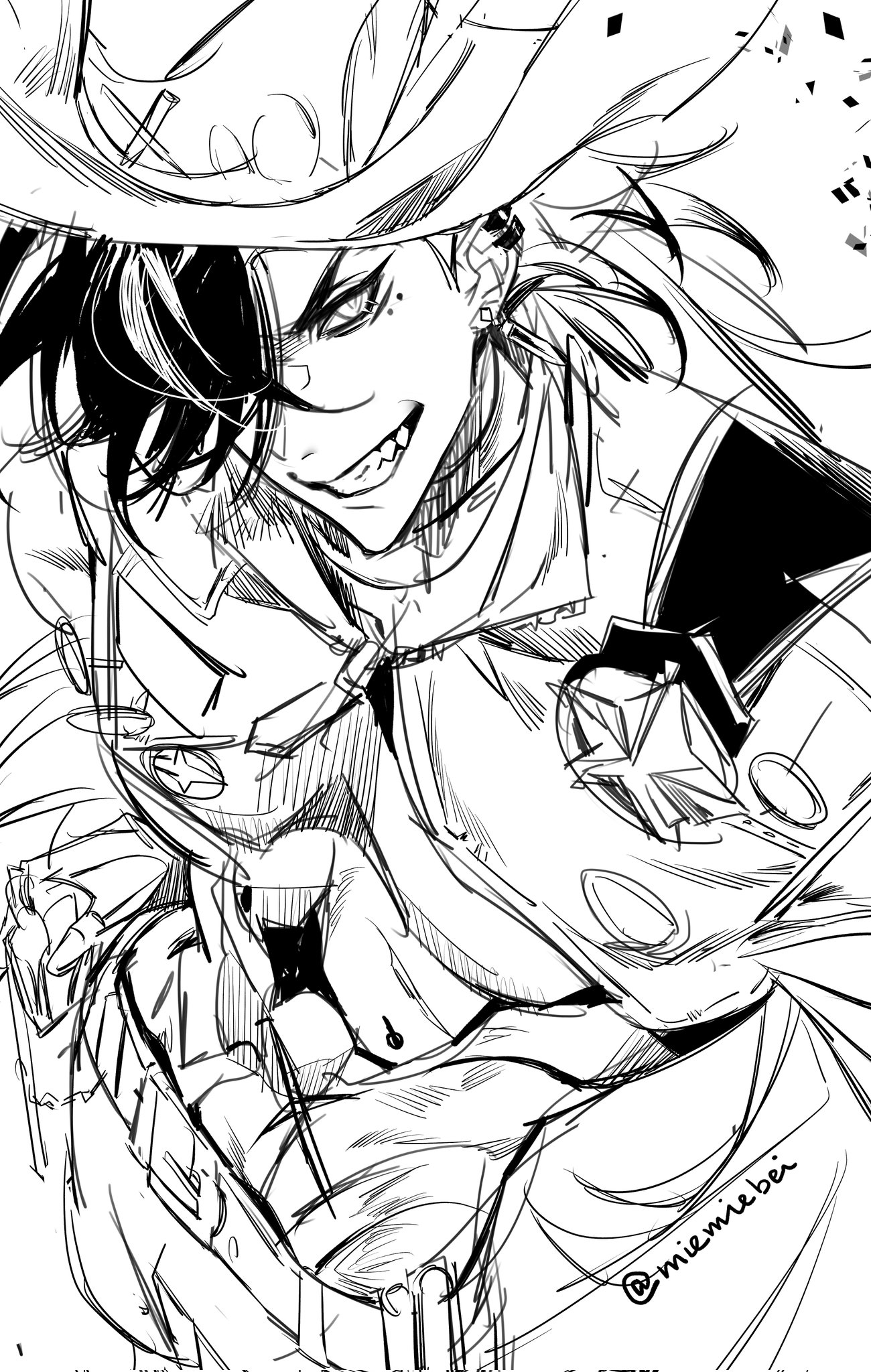 a black and white anime illustration of a male character wearing a pirate hat and a jacket with a star on the chest. he has long hair and a mischievous expression on his face. the image is stylized with lines and hatching and appears to be a rough sketch. the artist's signature is in the bottom right corner.