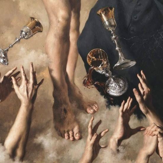 the image is a detail from a baroquestyle painting, likely depicting a scene related to the crucifixion of christ.  the focus is on the lower legs and feet of a figure (presumably jesus), with numerous outstretched hands reaching towards spilled wine or blood from overturned chalices and goblets. the legs are powerfully rendered, showing dirt or grime, and the hands are depicted with intense emotion and detail.  the background is a cloudy, ethereal setting, contributing to the painting's dramatic and spiritual atmosphere.  the use of chiaroscuro (strong contrasts between light and shadow) is evident, highlighting the textures and forms of the body and objects. the overall mood is somber, conveying a sense of sacrifice and suffering. the spilled wine or blood from the sacramental vessels could symbolize the shedding of christ's blood, a key symbol in christian art.