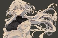an anime girl with long white hair blowing in the wind. she has large black eyes and is wearing black clothing. the background is a grey color. she is looking off to the side.