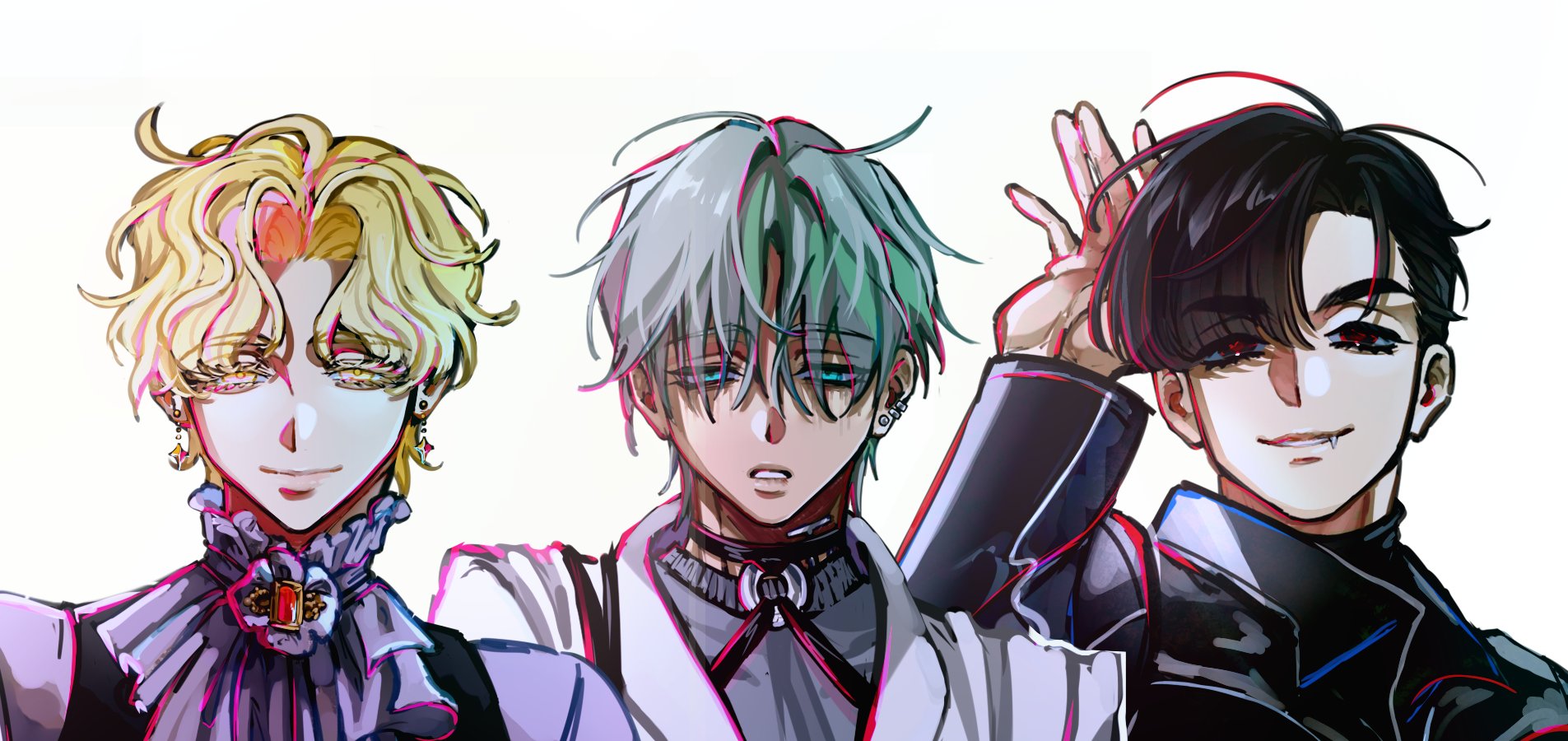 he image showcases three animestyle male characters, each with unique hairstyles and outfits. the character on the left has blonde, wavy hair, and wears a frilly, light purple collared shirt.  the middle character sports short, silvergreen hair and a white jacket over a dark, collared shirt with a choker. the character on the right has black hair, styled with bangs partially covering his eyes, and wears a dark leatherlike jacket.  the overall style is vibrant and trendy, with a focus on expressive linework and bold color choices. the characters are positioned close together, suggesting a connection between them. the background is plain white, drawing all focus to the figures.