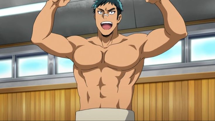 this image features a cartoon, animestyle man flexing his muscles. he's shirtless, wearing only white briefs. he has a broad chest, defined abs, and muscular arms and shoulders. he has green hair, blue eyes, and is smiling confidently. he's posed in a gym setting, with wooden walls and windows behind him. the overall feel of the image is one of confidence, strength, and pride.