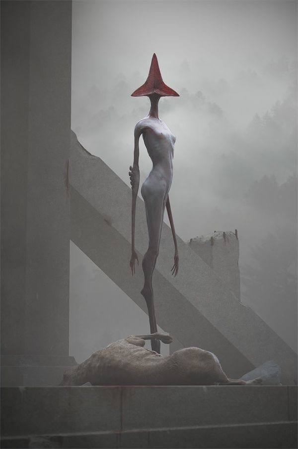 a surreal and unsettling digital artwork depicting a humanoid creature with an elongated, spindly body and a red coneshaped head standing in the midst of a misty, ruined landscape. the creature's long arms hang limply by its sides, and it appears to be staring at the ground. in the foreground, the decaying body of an animal, possibly a dog, lies on the concrete floor of a building. the overall atmosphere is one of eerie silence and decay, hinting at something sinister and unknown. the artwork's themes of isolation, loss, and the uncanny are emphasized through the use of stark lighting, muted colors, and a sense of disorientation.