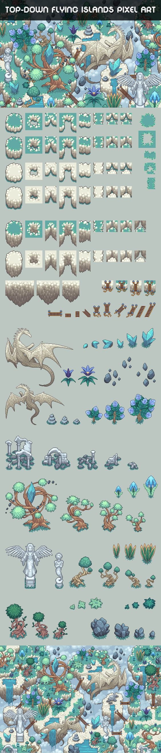 this image is a collection of pixel art assets that can be used to create a topdown game with a flying island theme. it includes tiles for terrain, such as grass, water, and mountains, as well as sprites for characters, trees, plants, flowers, rocks, and houses. the color palette is mostly green and blue, giving it a natural and peaceful feel.