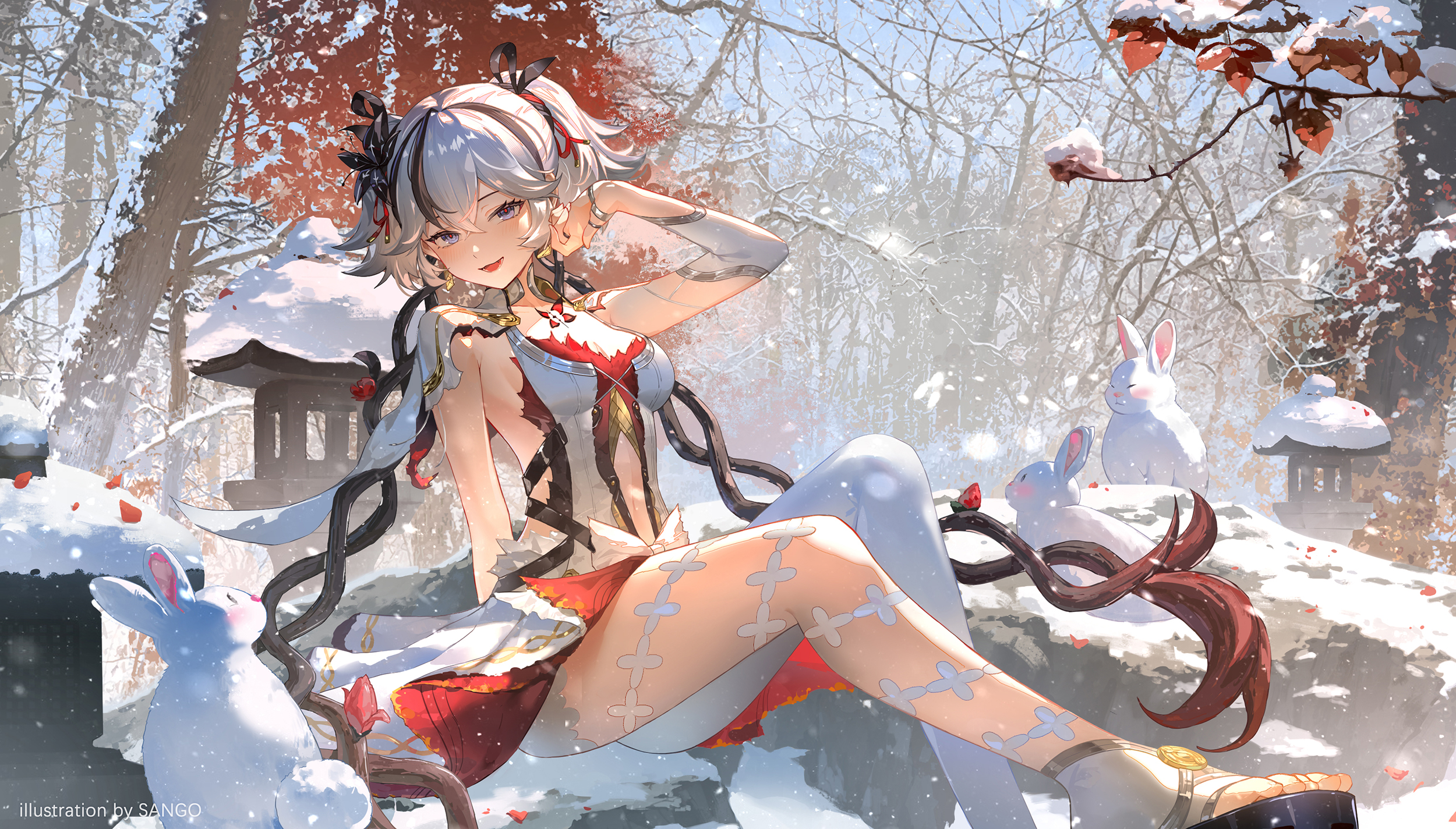 the image is a digital illustration of an animestyle young woman with long, white hair tied back in a ponytail. she has purple eyes and is wearing a primarily white and red dress with a traditional japanese influence, along with thighhigh stockings with a cross pattern. she is sitting on a snowcovered rock in a snowy winter forest surrounded by white rabbits. the background depicts a wintry landscape with snowcovered trees and traditional japanesestyle structures, creating a serene, whimsical, and slightly magical atmosphere. the art style is detailed and painterly, with soft lighting and shading that adds depth and texture to the scene.  the overall impression is one of beauty and tranquility.