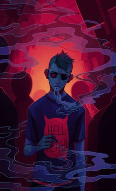the illustration showcases a young man with short, spiky hair, standing amidst a hazy, smokefilled urban environment.  he wears sunglasses and a tshirt with a stylized "hell yeah" print. the man is shown smoking, with a lit cigarette held loosely in his hand. the overall atmosphere is dark and gritty, with neonlike lighting casting a reddish glow on the surrounding crowd and buildings. the art style leans towards a graphic novel aesthetic, with bold lines and a limited color palette dominated by deep blues, purples, and a striking red.