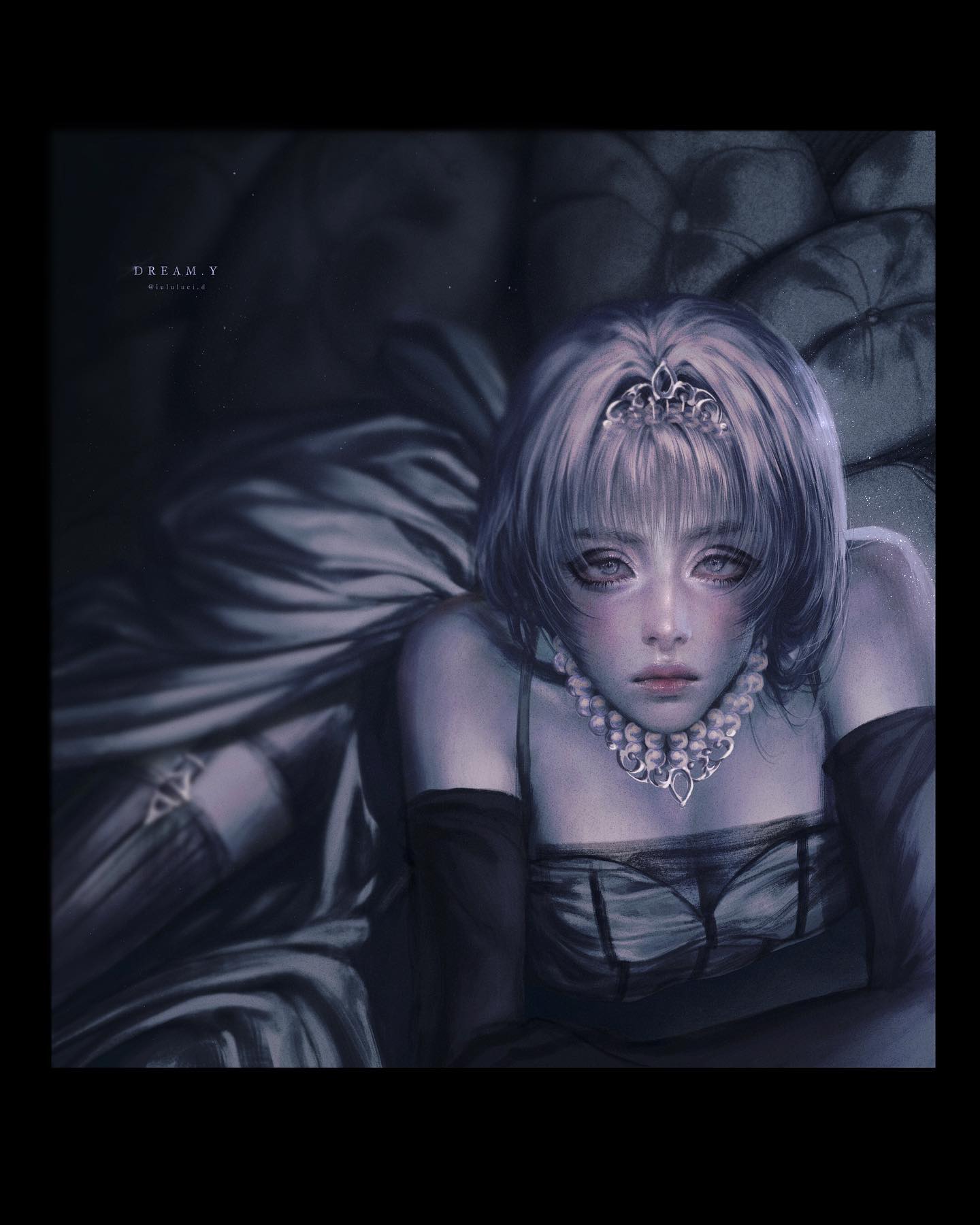the image showcases a digital art piece of a young woman depicted in a dreamy and glamorous manner. she is adorned in a flowing gown and wears a tiara, conveying a sense of regality.  the soft, artificial lighting casts gentle shadows, adding to the overall ethereal aesthetic.