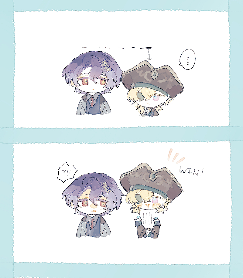 the image is a twopanel digital fanart featuring two chibistyle characters. the first panel shows a character with purple hair wearing a coat next to a shorter character with blonde hair wearing a pirate hat.  a dotted line indicates a height comparison. the second panel shows the same characters, but the blondehaired pirate character is now expressing victory, while the purplehaired character looks surprised.  the art style is soft and cute, with pastel colors and a watercolorlike effect.  the overall tone is lighthearted and playful.