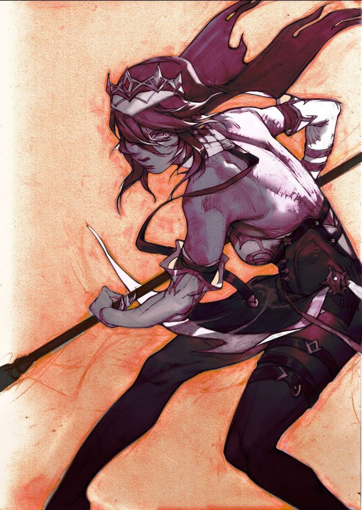 he image is a digital painting or illustration of a fantasy animestyle female warrior. she has long, dark reddishpurple hair, a crown, and wears a darkcolored outfit with a cloak. she is holding a spear and her pose is dynamic, suggesting action and power. the background is a peachyorange color, creating contrast with the darker tones of the character. the overall style is reminiscent of manga and anime, with strong lines and vibrant colors. the artwork has a slightly textured look, possibly suggesting a combination of digital and traditional techniques.