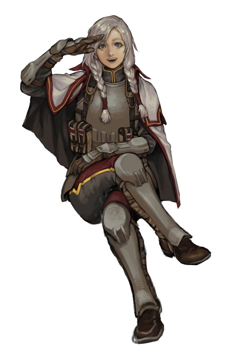 the image is a digital painting or illustration of a female fantasy knight.  she is depicted sitting, wearing gray and brown armor,  a long cape with red accents, and boots. she has long white/gray braids and is giving a military salute. she is carrying what appears to be books or documents in pouches on her belt. the artwork has a medieval or fantasy setting and is rendered in a painterly style with soft shading and textures. the overall expression is one of confidence and composure.