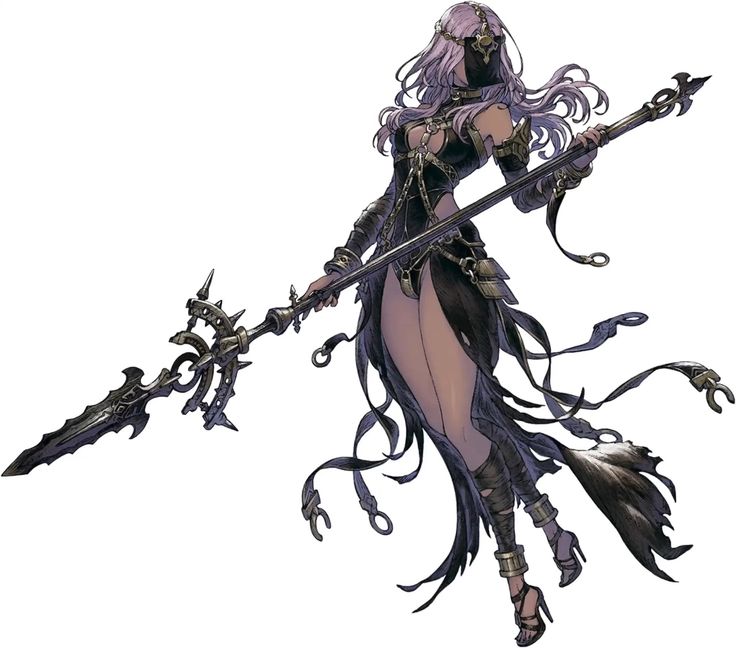 a female character stands posed with a spear in a piece of fantasy concept art. she is wearing dark, ornate armor and flowing fabric. her long hair is partially obscuring her face and she wears a mask over her eyes and nose.