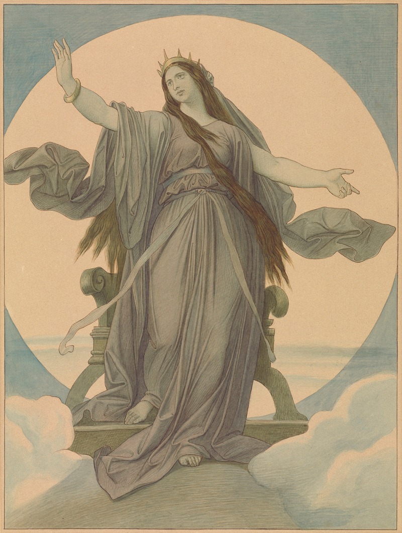the image shows a woman wearing a crown and a robe, standing barefoot on a chair with a large full moon behind her. she is surrounded by clouds and her arms are outstretched.
