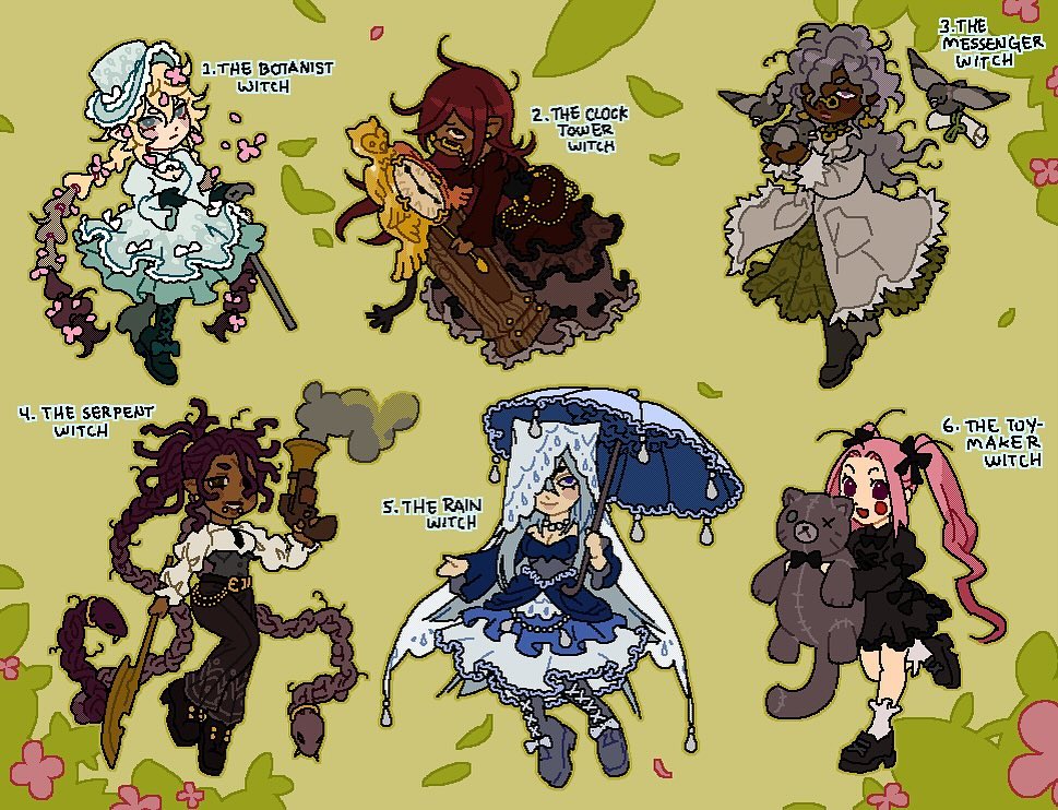 his image is a digital illustration featuring six distinct witch characters, each with a unique design and title. each witch is depicted in a different style and pose, showcasing diverse personalities.  the art style is whimsical, combining cute elements with gothic and steampunk influences.  each witch has a descriptive name that hints at their magical specialty. the background features delicate floral details and a muted olivegreen color scheme that complements the colorful characters. the overall aesthetic is charming yet slightly eerie, reminiscent of fantasy or fairytale illustrations.