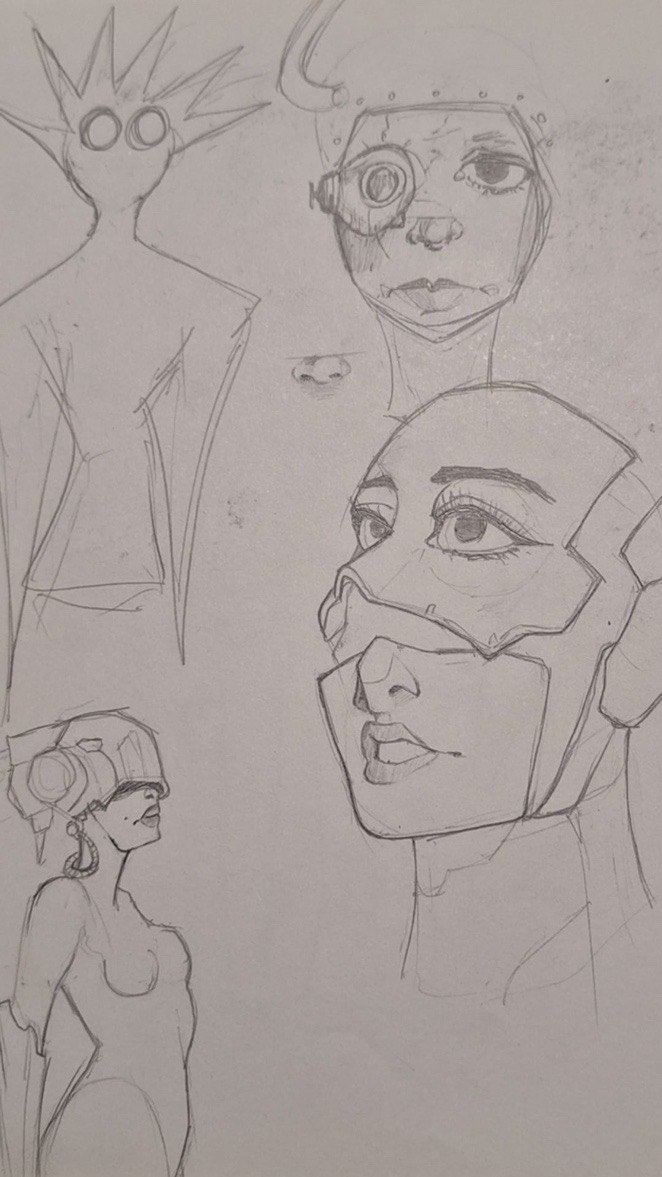the image contains a collection of pencil sketches, seemingly concept art for characters. the style is rough and exploratory, indicative of early design phases. there are at least four distinct character concepts:1. a tall, slender, threeeyed humanoid figure with spiky hair, possibly representing an alien or otherworldly being.2. a female character with a futuristic helmet or headpiece featuring a single, large eyepiece on one side of her face.  her face is partially obscured.3. a female character wearing a more encompassing helmet or visor that covers most of her face, leaving only her eyes and mouth visible. this headgear has a sleek, scifi design.4. a female figure in a simple, formfitting bodysuit and what appears to be some kind of headset or helmet.the sketches are done in pencil, with varying levels of detail, suggesting that they are preliminary ideas.  the overall feel is futuristic or cyberpunk, with emphasis on character designs in a science fiction setting.