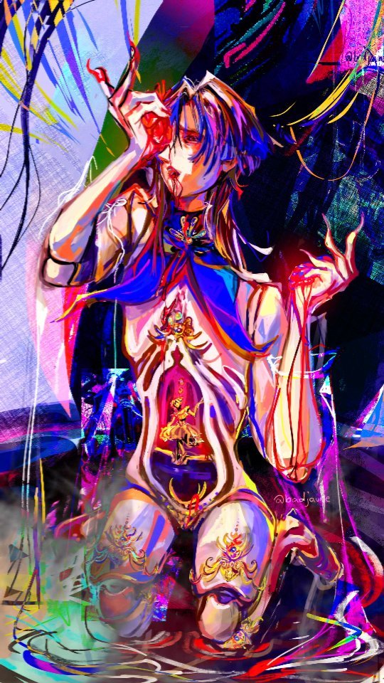 the image is a vibrant and stylized piece of digital fanart, likely depicting an anime or mangainspired character. the character is androgynous, with long purple hair and pale skin, adorned in ornate, flowing clothing with gold accents. the clothing has a gothic/fantasy feel, and the character appears to be holding a bloody object, possibly a heart or similar item, near their mouth.  the pose is dramatic and expressive, with a sense of intense emotion or action. the background is an abstract blend of psychedelic colors and textures, adding to the overall surreal and intense atmosphere of the piece. the style utilizes bold strokes and painted textures to create a visually arresting image with high contrast and saturation. the character's anatomy is slightly stylized, with an emphasis on flowing lines rather than strict realism.