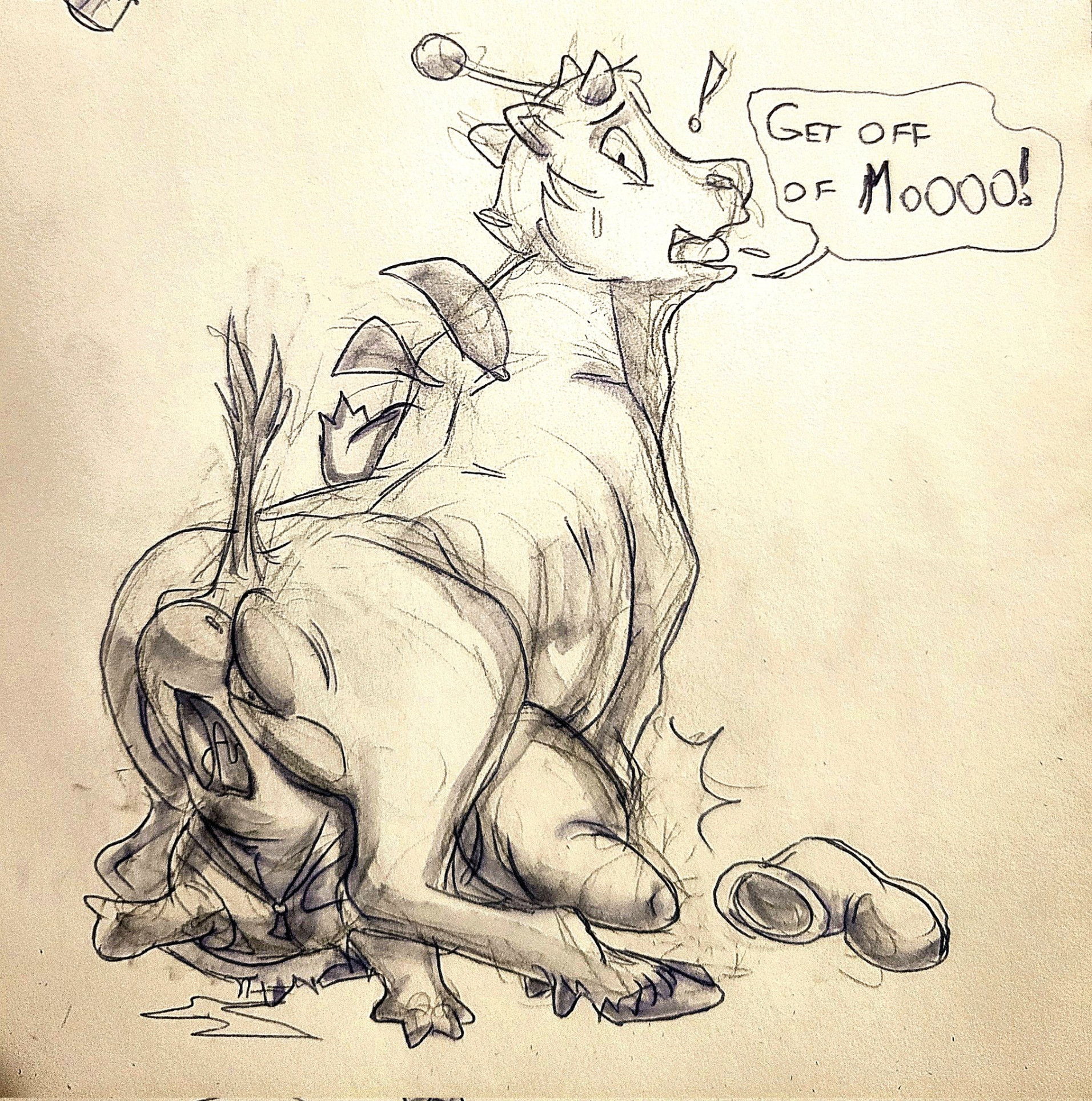 a handdrawn pencil sketch of a furry monster with a shocked expression. the monster is in a hunched position and appears to be having something  climb on top of it. the monster is yelling "get off of moo!"  the drawing has a whimsical and comedic tone.