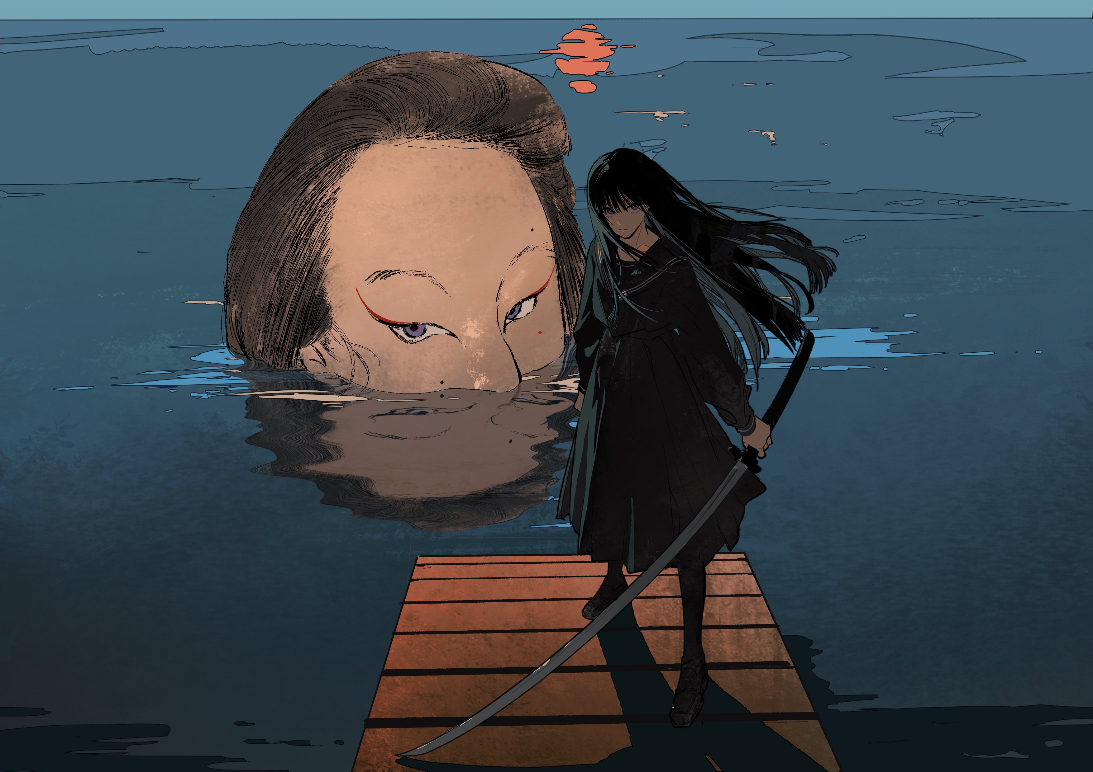 he image is an illustration in an anime style, combining elements of traditional japanese art like ukiyoe. it depicts a young woman in a dark school uniform, holding a katana. she stands on a wooden dock above water. the face of a large woman, seemingly submerged or partially underwater, is visible just below the surface of the water. the overall atmosphere is mysterious and dark, with a setting sun visible in the background. the style is stylized and painterly, with textured colors.