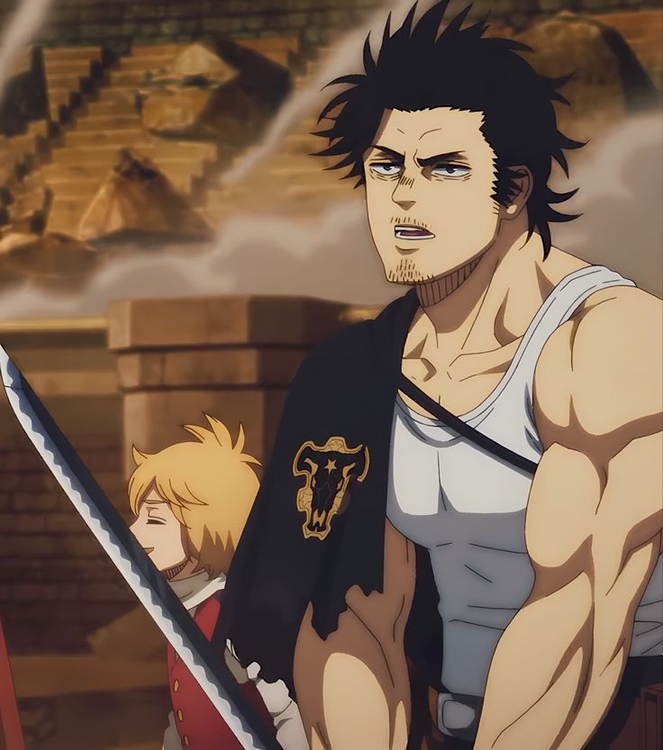a closeup shot of yami sukehiro, the captain of the black bulls, from the popular anime and manga series, black clover. yami is standing in front of a younger character with a serious expression on his face, holding a sword in one hand. he is dressed in his signature dark cloak and a white tank top.  he is known for his strength and fierce battle spirit, often leading his squad into action against their enemies. the background suggests a battledamaged environment.