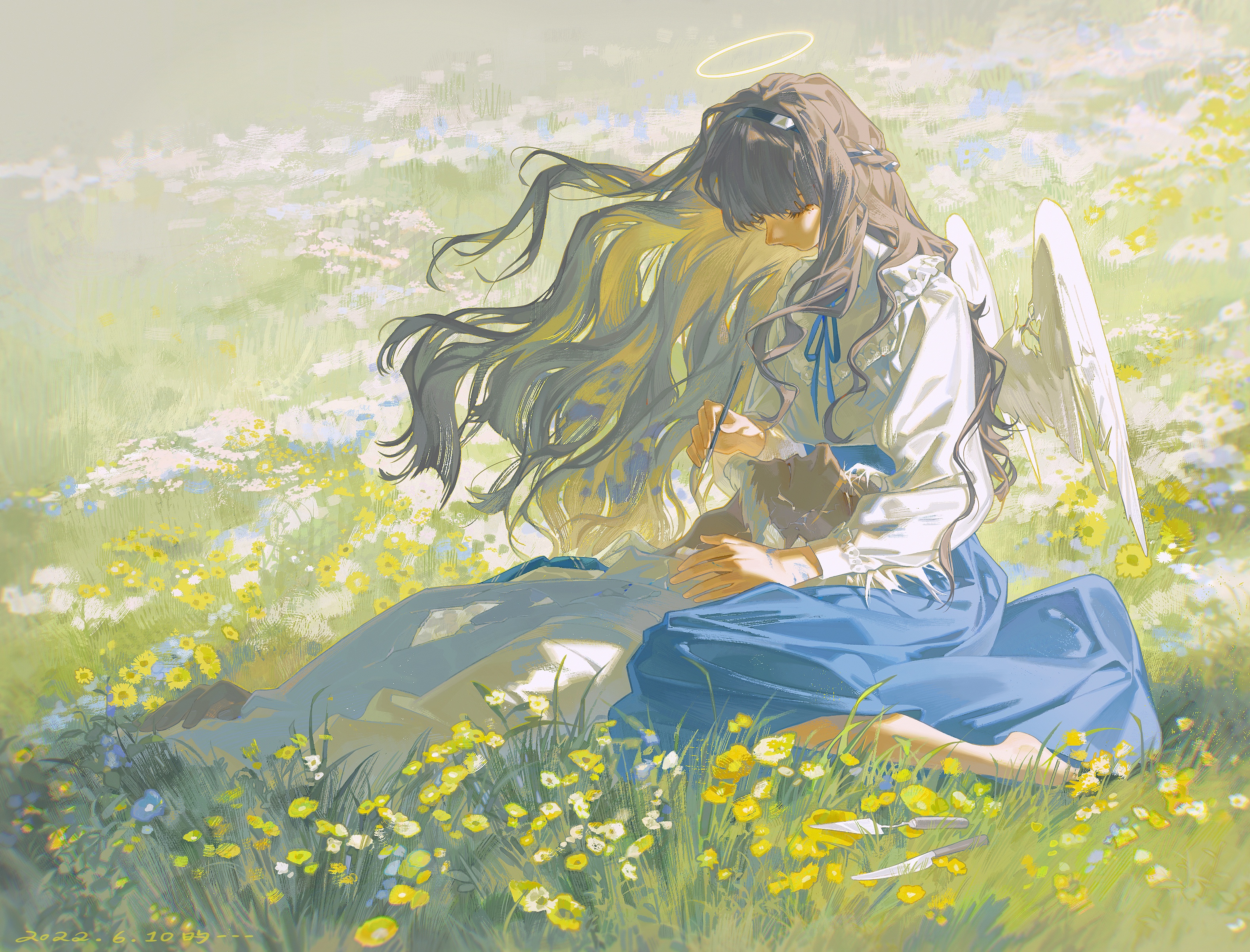 a young anime girl with angel wings and a halo sits in a field of wildflowers.  she is drawing with a pen in her hand and looks serene and peaceful. the colors are soft and muted, giving the image a dreamlike quality.