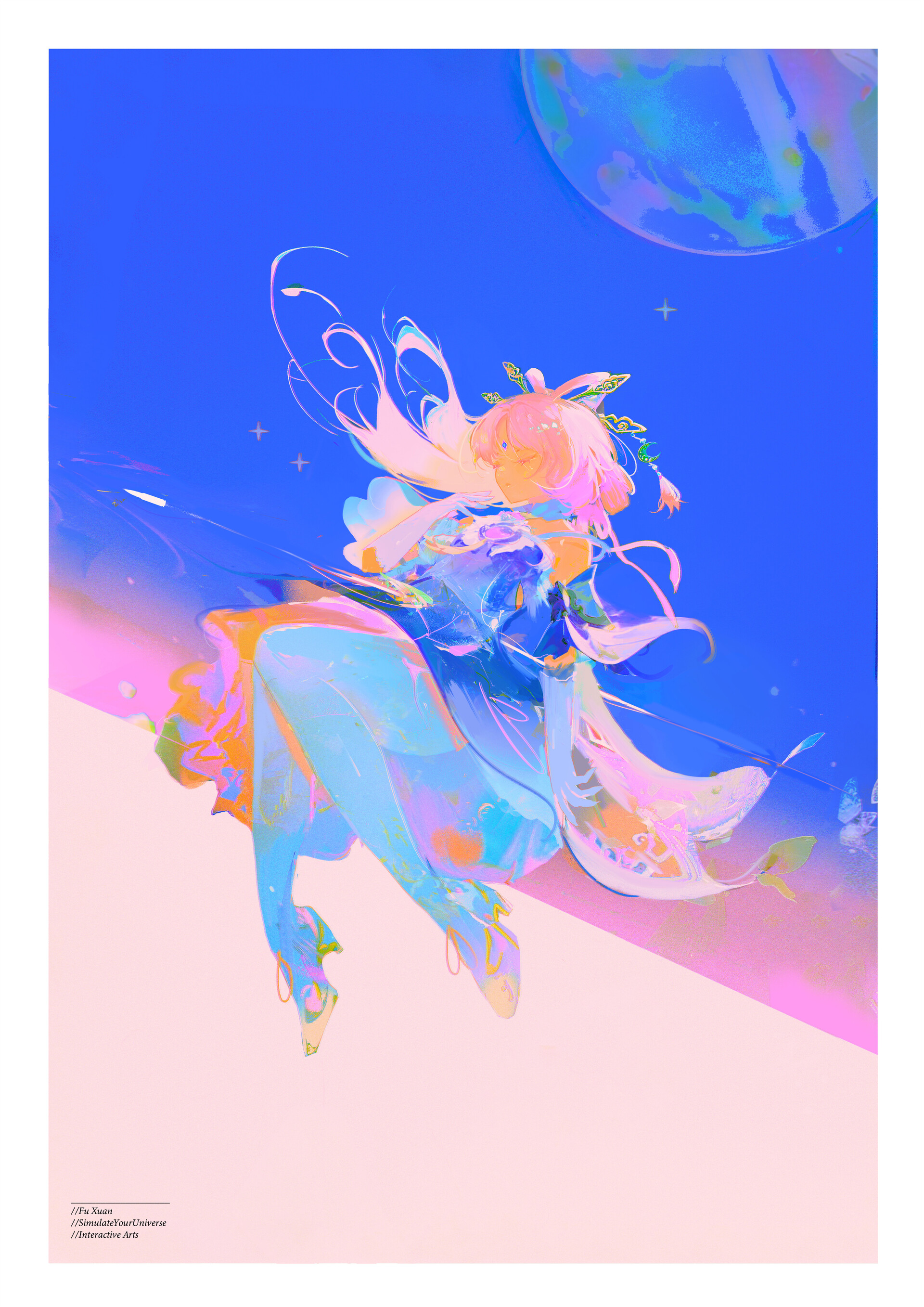 an anime girl with iridescent wings, dressed in a fantastical blue and white outfit, floats against a vibrant blue night sky. a large, brightly colored moon hangs above, reflecting light onto the ocean below. the entire scene is washed in a dreamy, pastel palette, giving it a magical, ethereal quality.