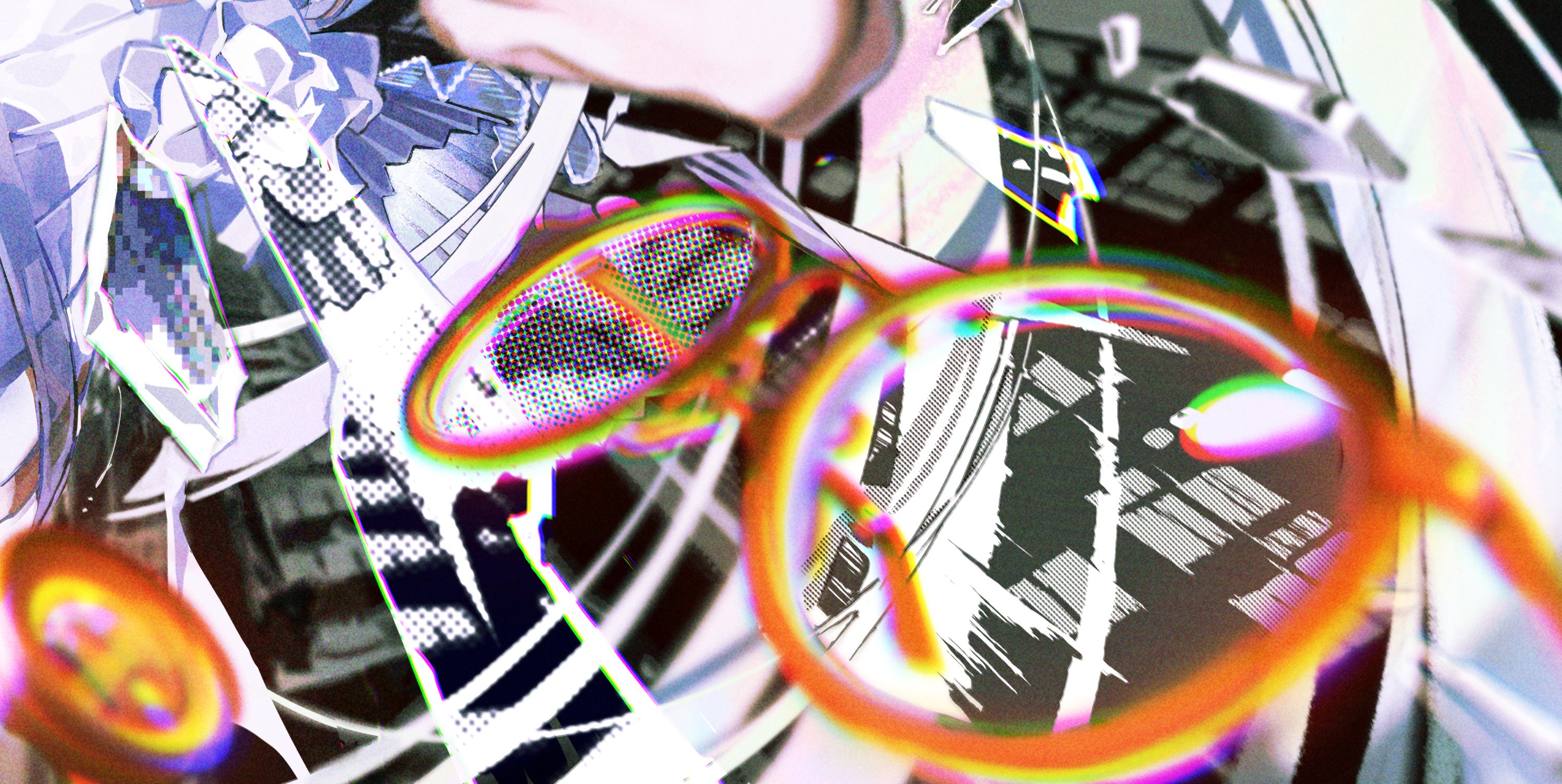 the image showcases an abstract digital art piece featuring a pair of brightly colored, distorted glasses as the central element. the glasses, with their orangered frames, are superimposed on a chaotic background of black and white patterns, creating a sense of visual confusion and depth. the overall aesthetic leans towards a glitchy, psychedelic, and surreal feel, reminiscent of modern digital art styles. the vibrant colors and distorted forms contribute to a sense of energy and movement within the composition.