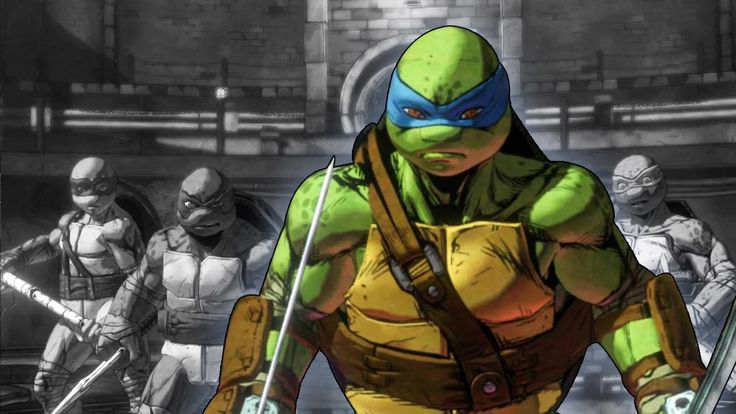 this is a digital illustration of leonardo from the teenage mutant ninja turtles comic series. he is the leader of the team and is known for his blue mask and his mastery of the katana. leonardo is in the foreground and is in a fighting pose. he is facing the camera and his katanas are crossed in front of him. he is green with a yellow and brown chestplate and has a blue bandana on. the other three turtles, donatello, michelangelo, and raphael, are in the background and are in grayscale. they are facing the camera and their katanas are also crossed in front of them. they are all in a fighting pose. the background is a dark, gritty, and urban area. the image is an actionpacked and exciting scene that captures the energy of the teenage mutant ninja turtles.