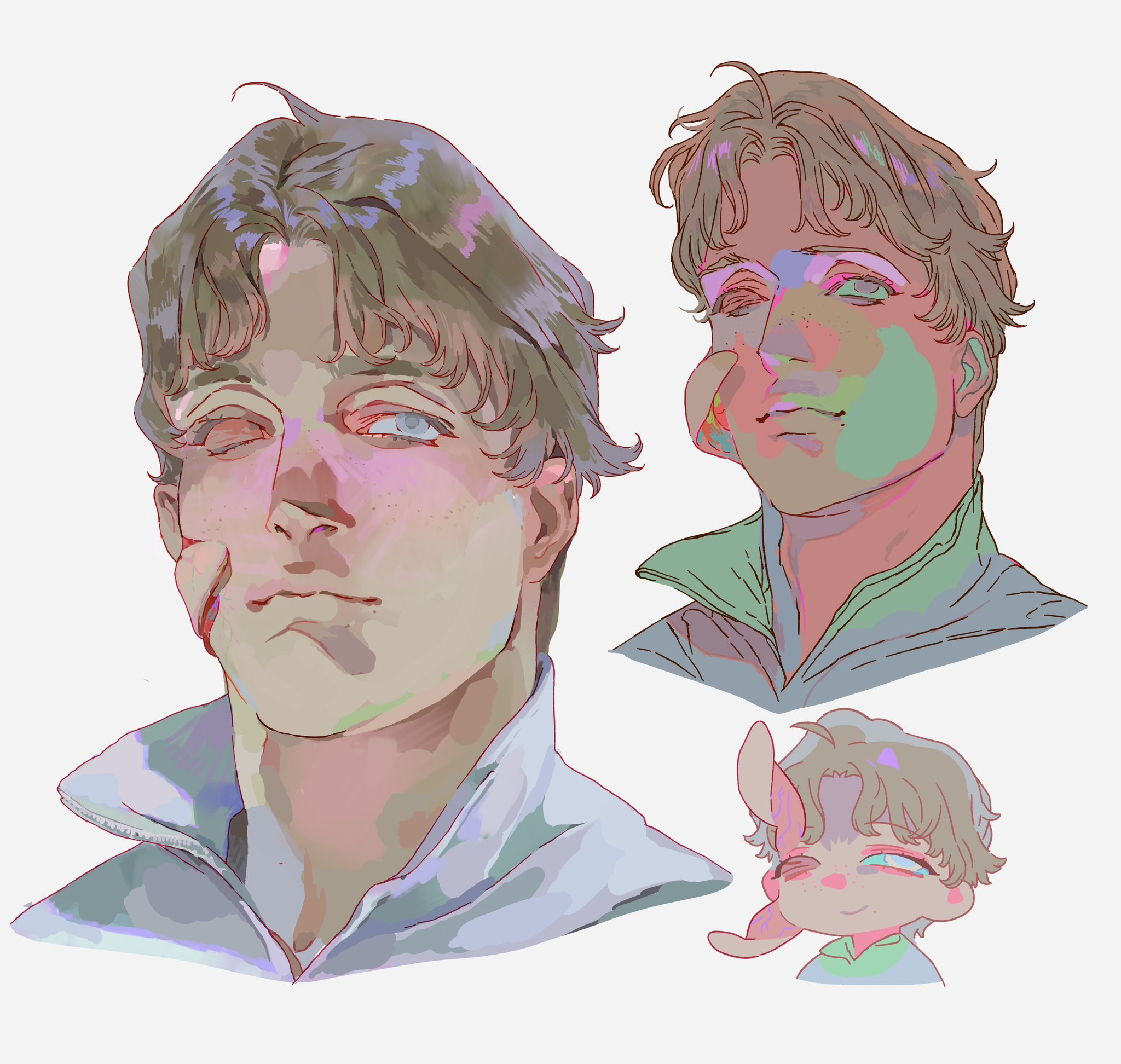 the image features a drawing of a man's head in three different styles. the primary portrait shows a man with light skin, brown hair, freckles, and a visible scar on his cheek. he is wearing a collared shirt. the second portrait displays a similar man with distorted facial features and colorful shading. the third, smaller portrait shows a chibistyle character with bunny ears and a smiling expression.